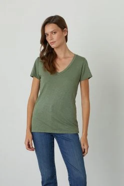 Velvet By Graham & Spencer Womens LILITH COTTON SLUB V-NECK TEE