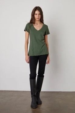 Velvet By Graham & Spencer Womens LILITH COTTON SLUB V-NECK TEE