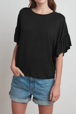 Velvet By Graham & Spencer DORIANA LINEN KNIT RUFFLE SLEEVE TEE Womens