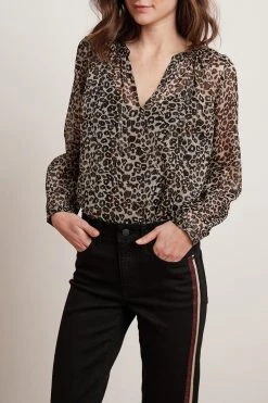 Velvet By Graham & Spencer PEYTON LEOPARD LUREX LONG SLEEVE BLOUSE Womens