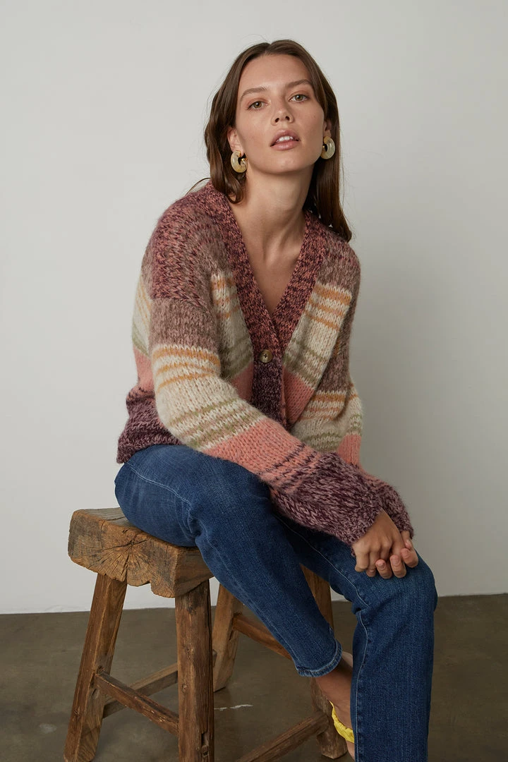 Velvet By Graham & Spencer LARA STRIPED BUTTON FRONT CARDIGAN 6 Velvet By Graham & Spencer LARA STRIPED BUTTON FRONT CARDIGAN