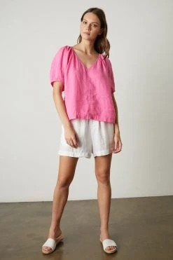 Velvet By Graham & Spencer Womens CALLIN PUFF SLEEVE LINEN TOP