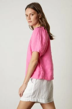 Velvet By Graham & Spencer Womens CALLIN PUFF SLEEVE LINEN TOP