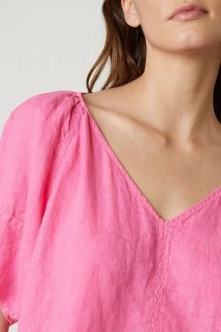 Velvet By Graham & Spencer Womens CALLIN PUFF SLEEVE LINEN TOP