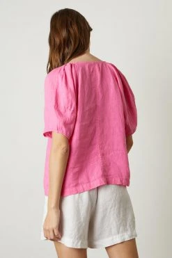 Velvet By Graham & Spencer Womens CALLIN PUFF SLEEVE LINEN TOP