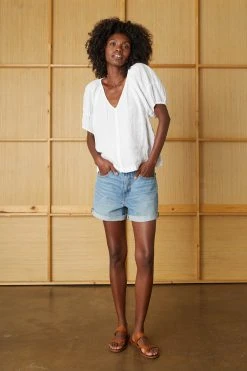 Velvet By Graham & Spencer Womens CALLIN PUFF SLEEVE LINEN TOP