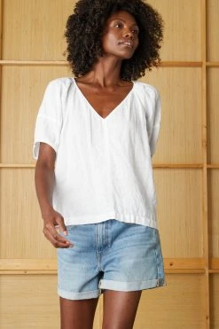 Velvet By Graham & Spencer Womens CALLIN PUFF SLEEVE LINEN TOP