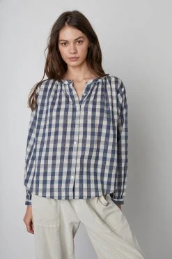 Velvet By Graham & Spencer SHIREEN PRINTED GINGHAM BUTTON-UP BLOUSE