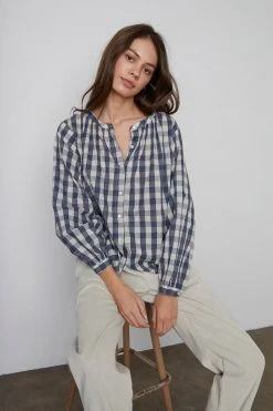 Velvet By Graham & Spencer SHIREEN PRINTED GINGHAM BUTTON-UP BLOUSE