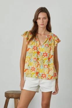 Velvet By Graham & Spencer CANDACE RUFFLE SLEEVE PRINTED TOP Womens