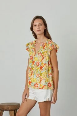 Velvet By Graham & Spencer CANDACE RUFFLE SLEEVE PRINTED TOP Womens