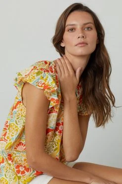 Velvet By Graham & Spencer CANDACE RUFFLE SLEEVE PRINTED TOP Womens