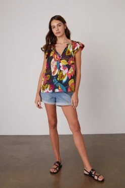 Velvet By Graham & Spencer CANDACE RUFFLE SLEEVE PRINTED TOP Womens