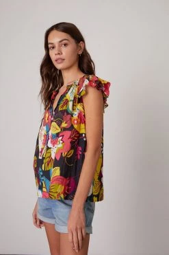 Velvet By Graham & Spencer CANDACE RUFFLE SLEEVE PRINTED TOP Womens