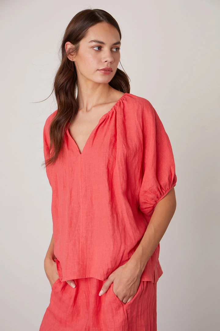 Velvet By Graham & Spencer JANINE PUFF SLEEVE LINEN TOP Womens 8 Velvet By Graham & Spencer JANINE PUFF SLEEVE LINEN TOP Womens