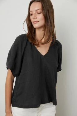 Velvet By Graham & Spencer Womens CALLIN PUFF SLEEVE LINEN TOP