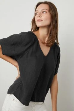 Velvet By Graham & Spencer Womens CALLIN PUFF SLEEVE LINEN TOP