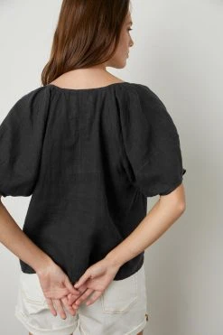 Velvet By Graham & Spencer Womens CALLIN PUFF SLEEVE LINEN TOP