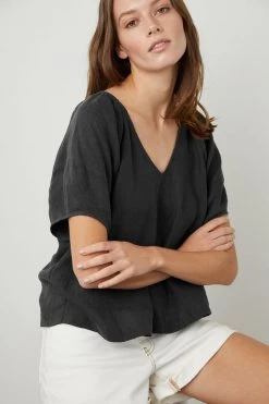 Velvet By Graham & Spencer Womens CALLIN PUFF SLEEVE LINEN TOP