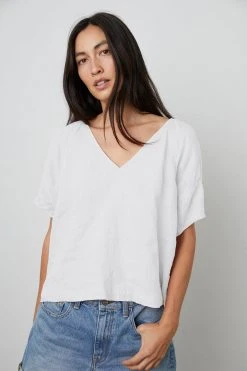 Velvet By Graham & Spencer Womens CALLIN PUFF SLEEVE LINEN TOP