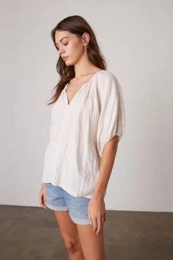 Velvet By Graham & Spencer JANINE PUFF SLEEVE LINEN TOP Womens